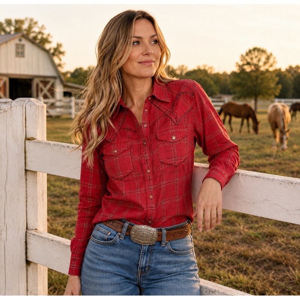 Ariat Women's Medium Red Plaid Western Snap Shirt Embroidered Rodeo Cowgirl